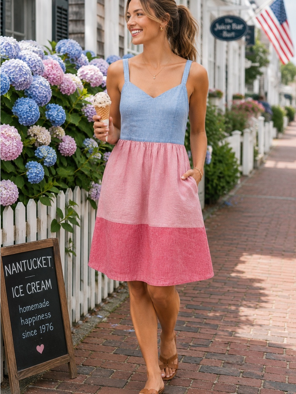 Cynthia Rowley 100% Linen Colorblock Dress Size 4 Pockets Blue Pink Sleeveless